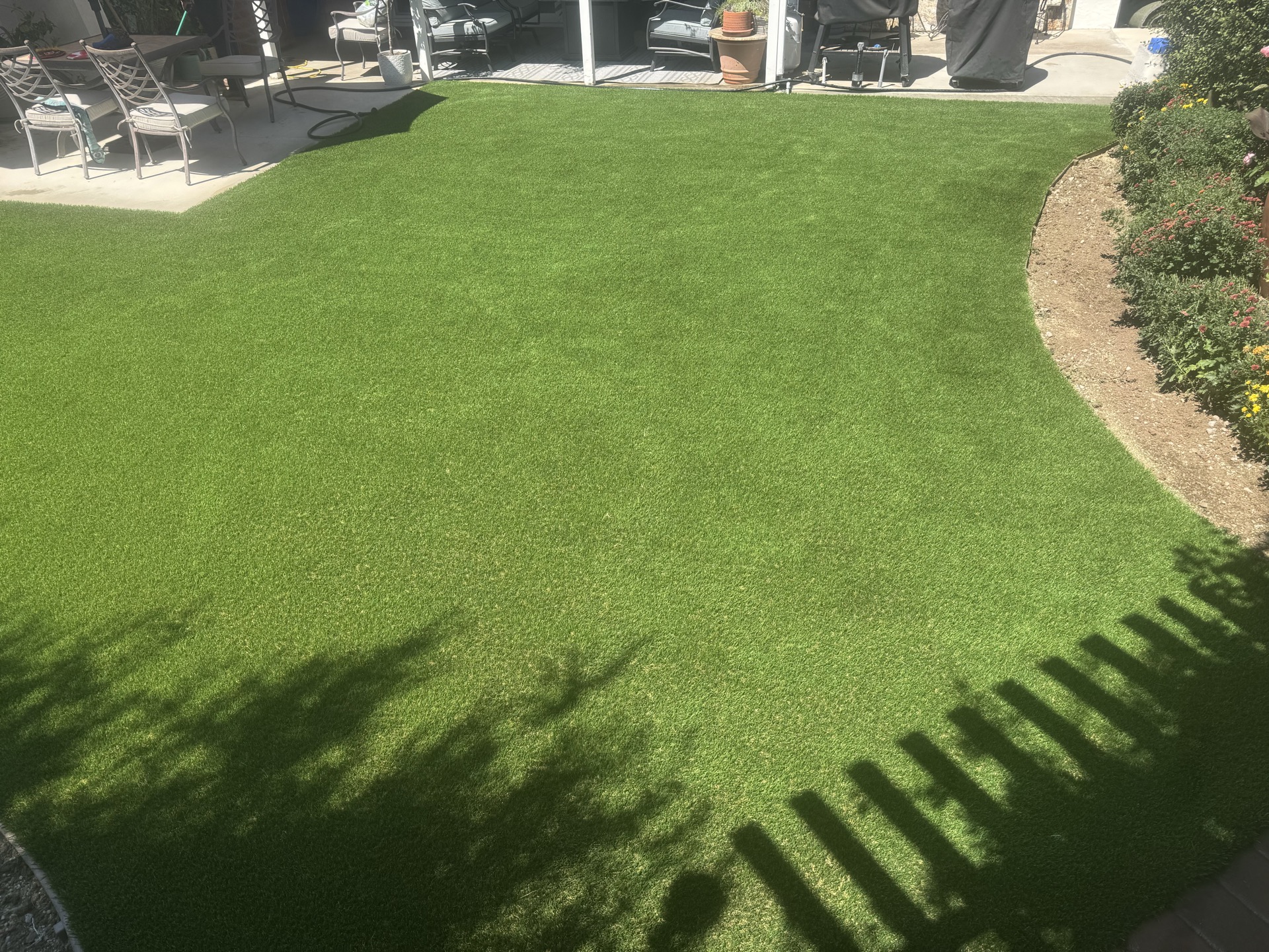 Expansive artificial turf lawn with curved edging